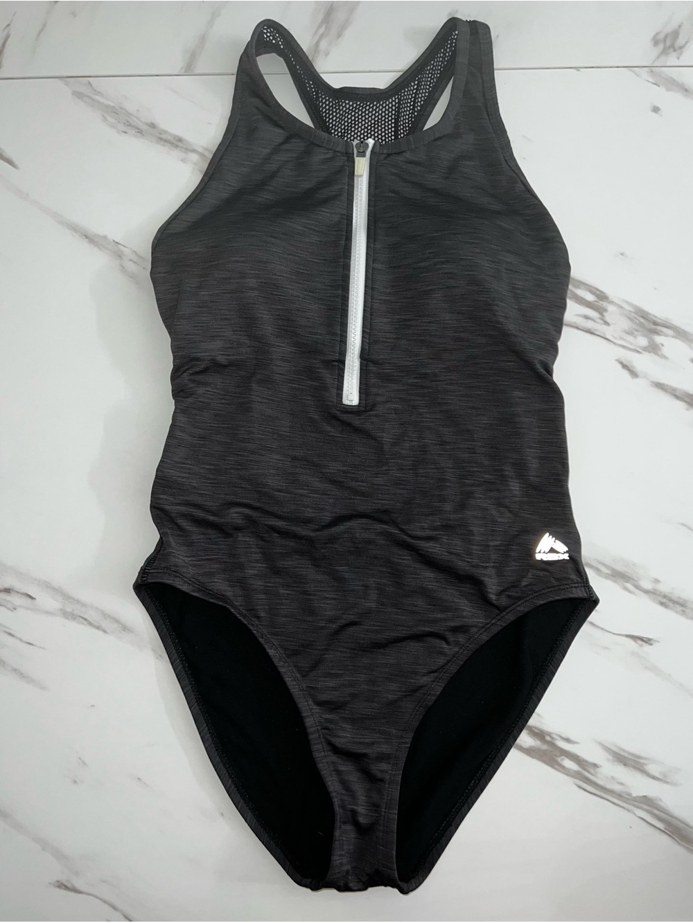 RBX Black Front-Zip Athletic One-Piece bikini Mesh back Size Large NWT